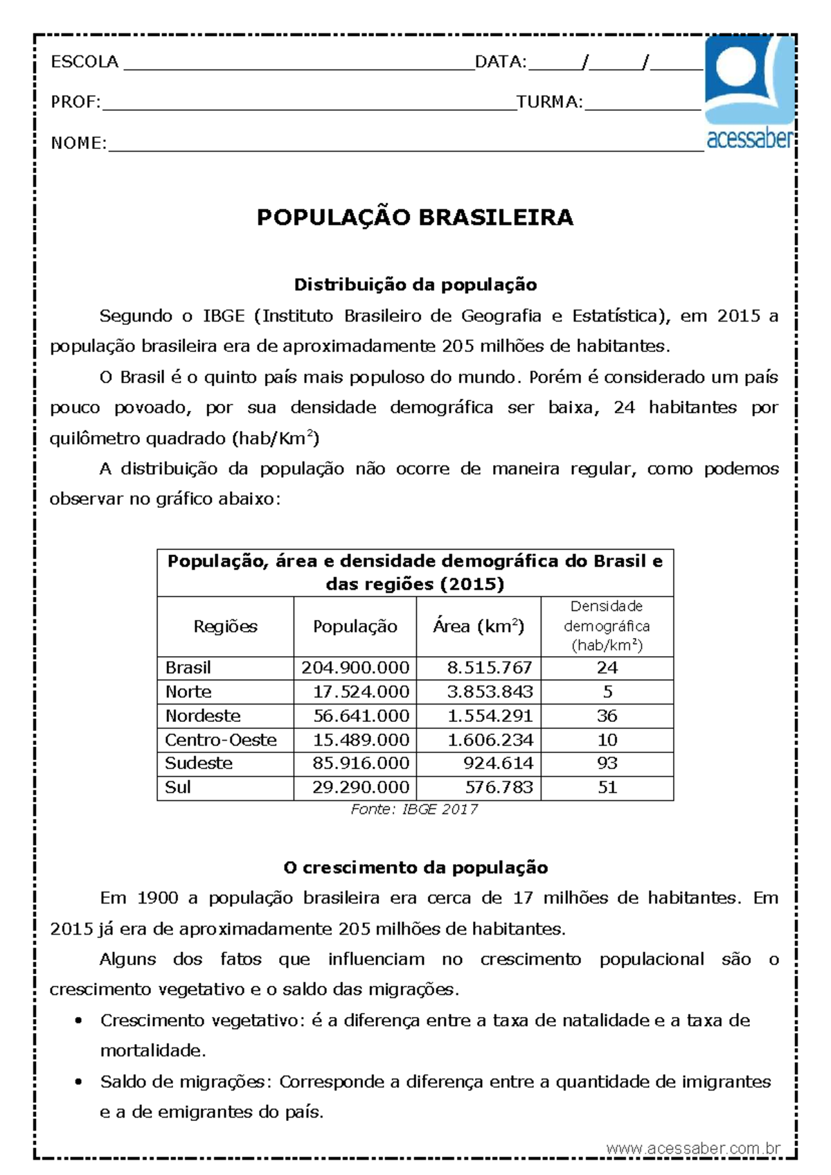 Atividade de Geografia: População Brasileira - 5º Ano - Studocu