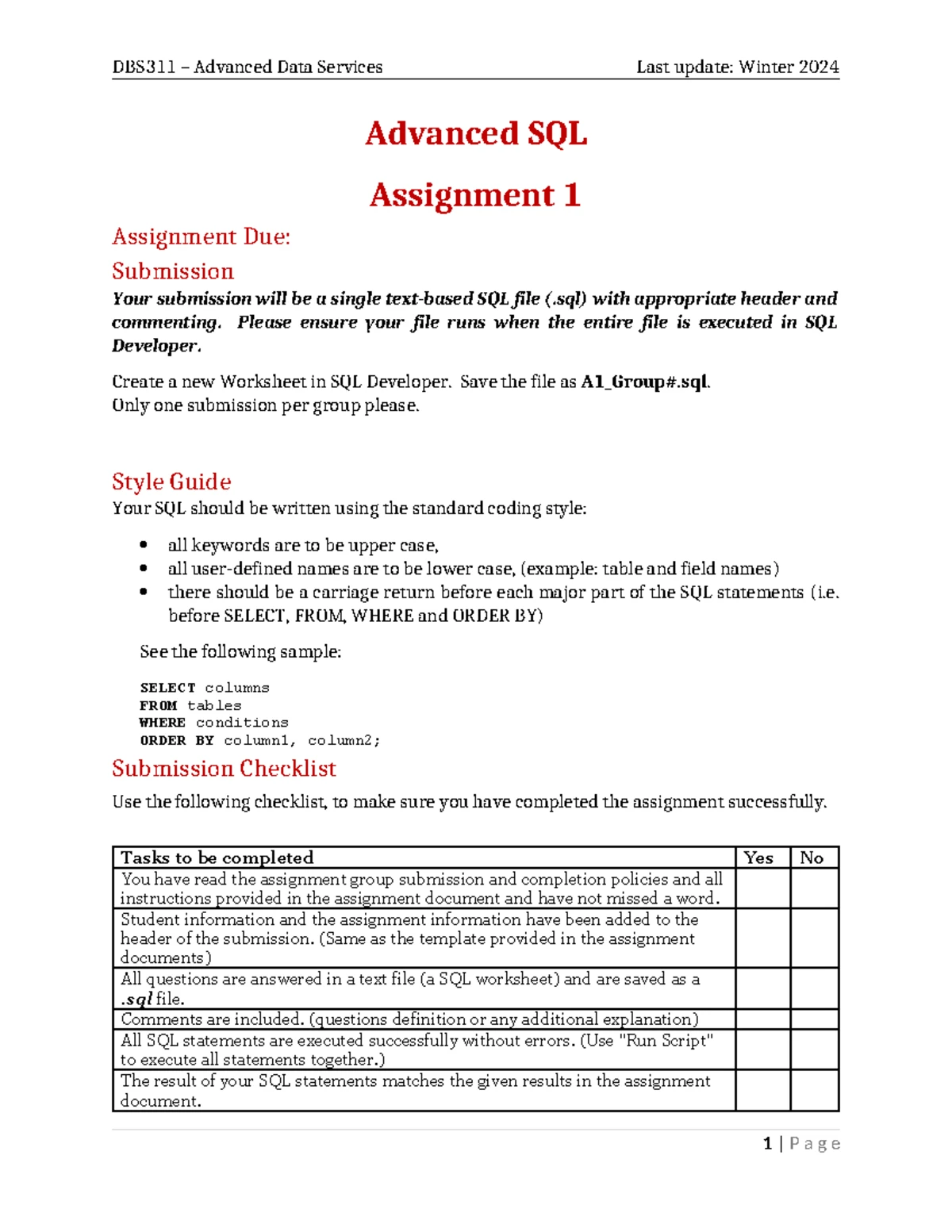 DBS311 Assignment 01 - Advanced SQL Questions and Guidelines - Studocu