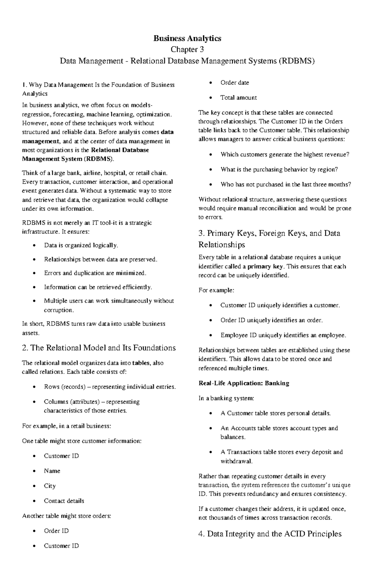 Business Analytics (BA 101) Chapter 3: Data Management & RDBMS Insights ...
