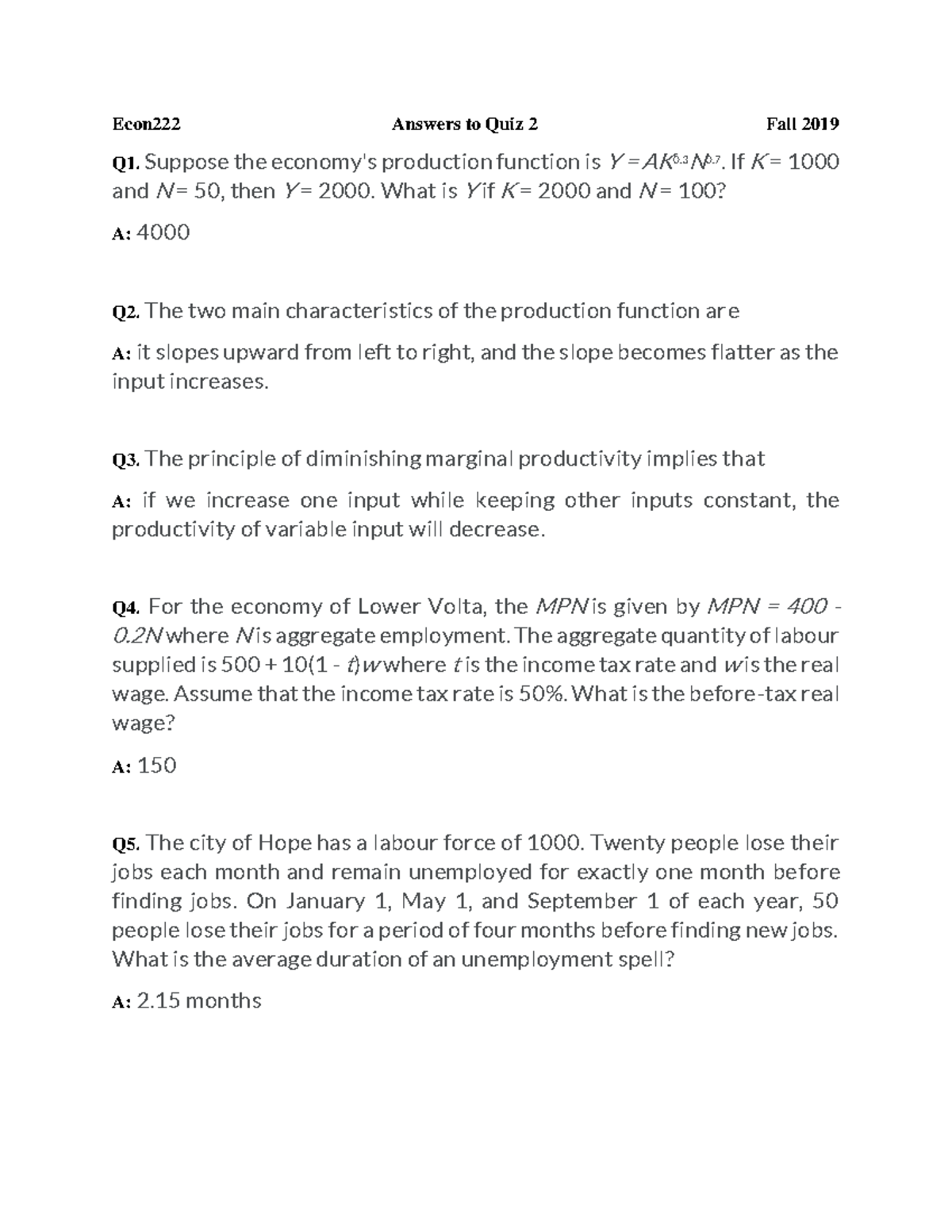 Econ222 Quiz 2 Answers - Fall 2019 Analysis and Solutions - Studocu