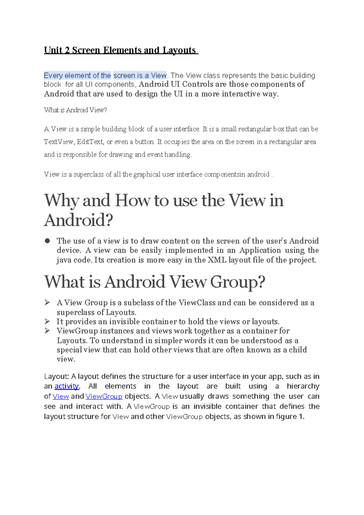 Android UI Controls & Layouts Overview: Unit 2 Chapter Insights - Studocu