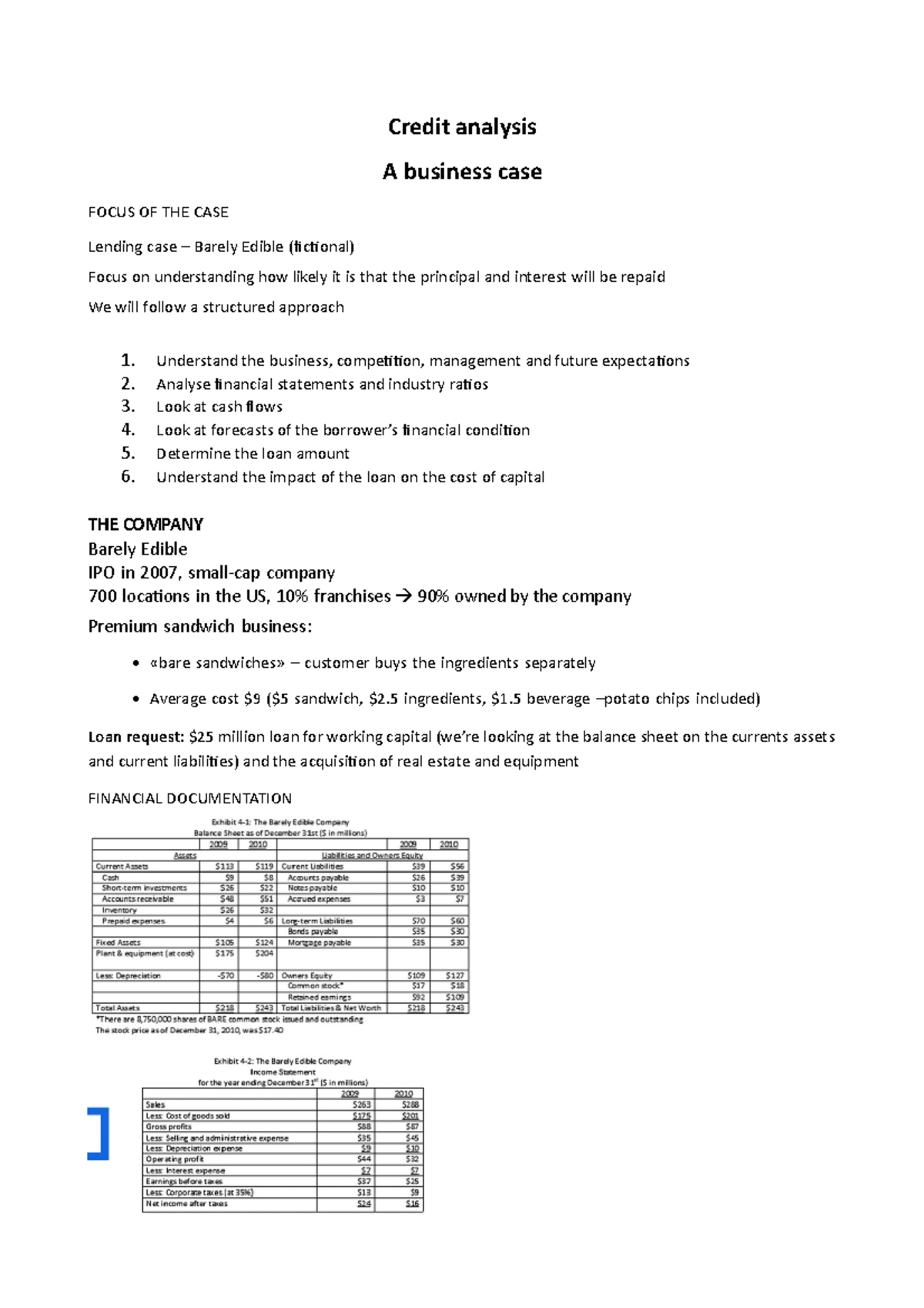 Financial Statement and ratios - Credit analysis A business case FOCUS ...