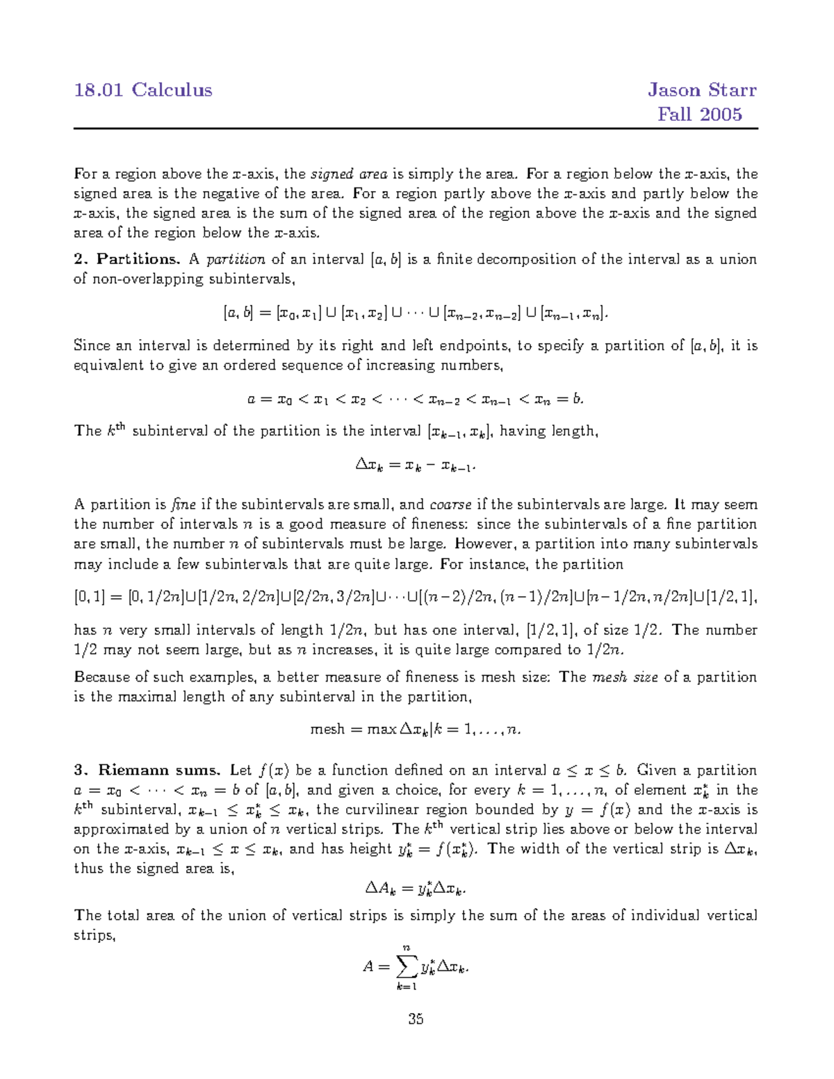 18.01 Calculus Lecture Notes: Signed Areas & Partitions - Studocu