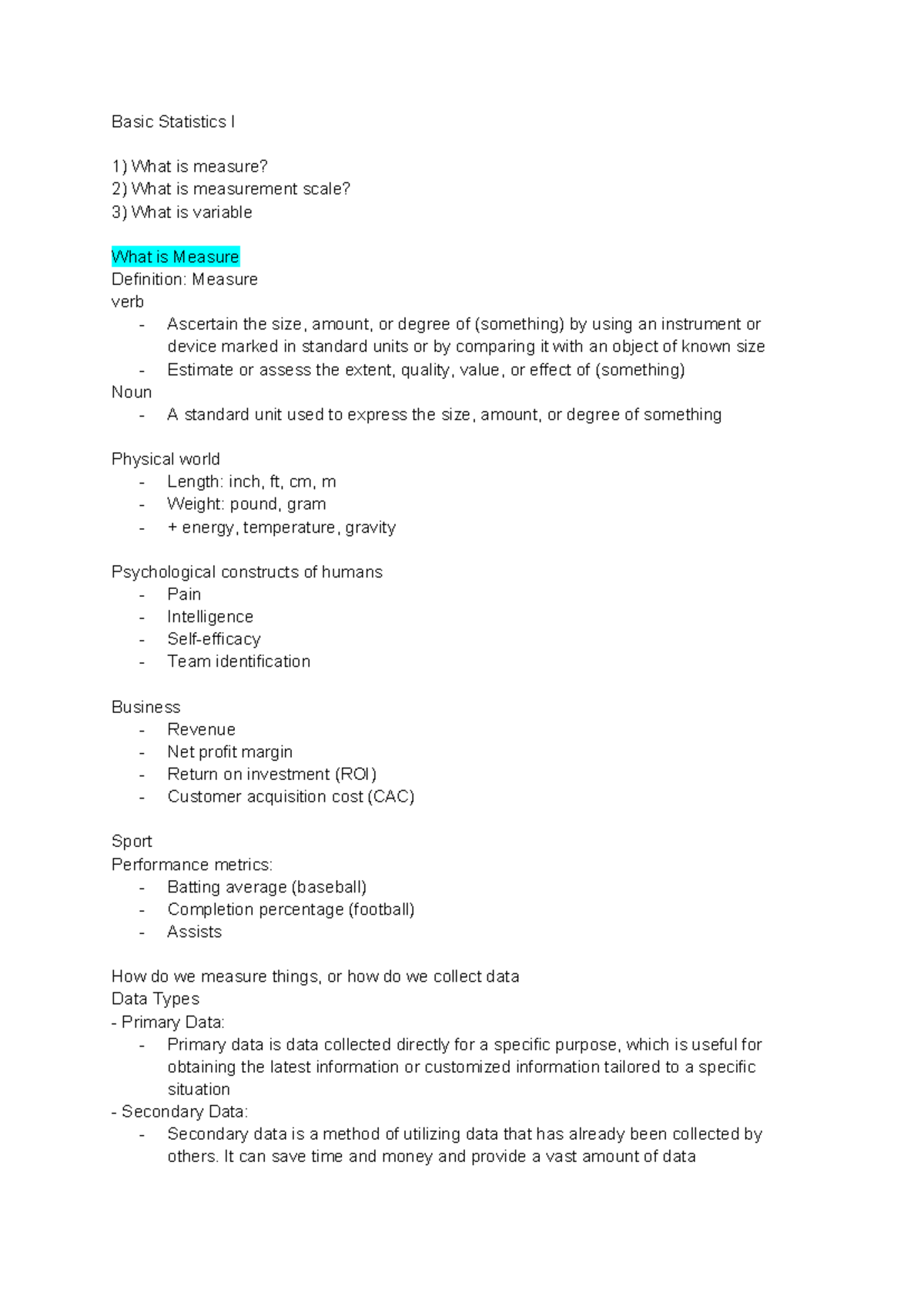 Basic Statistics I: Overview of Measurement, Scales, & Variables - Studocu