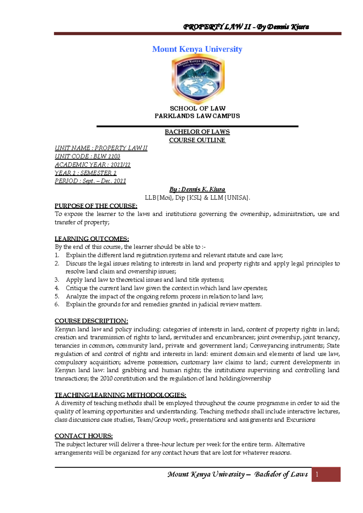 BLW 2203 Property Law II Course Outline and Evaluation Criteria - Studocu