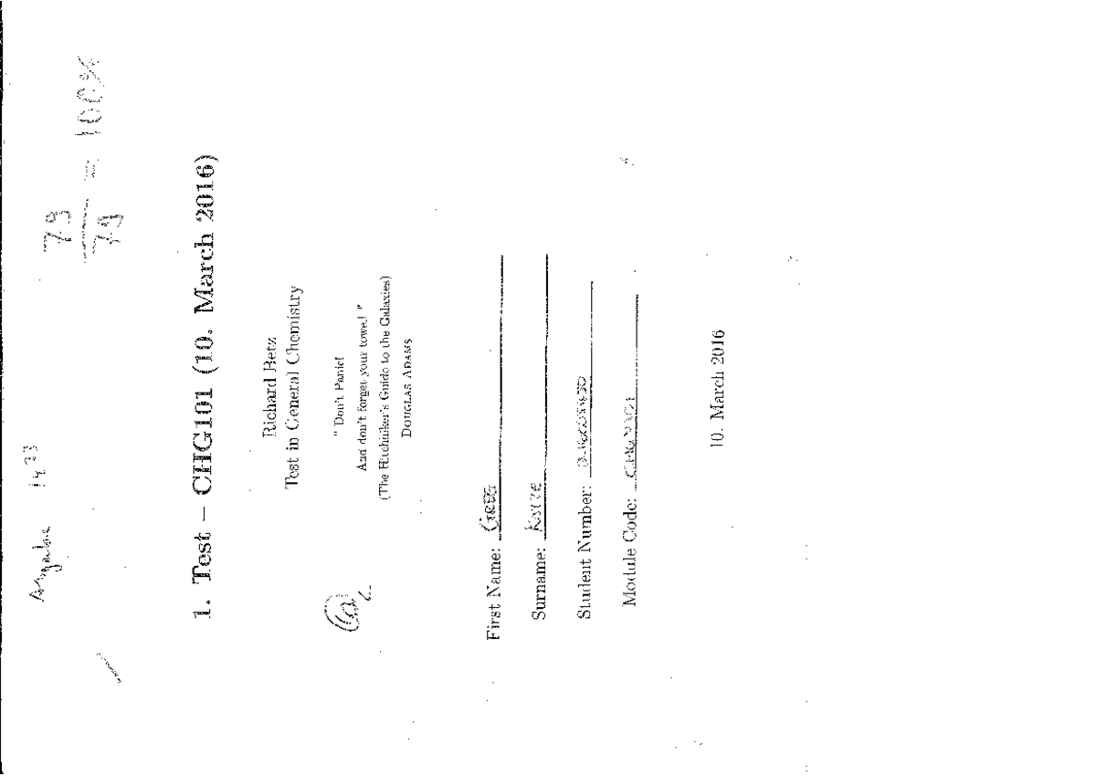 2016 Test 1 CHG101 - General Chemistry Exam Questions and Answers - Studocu