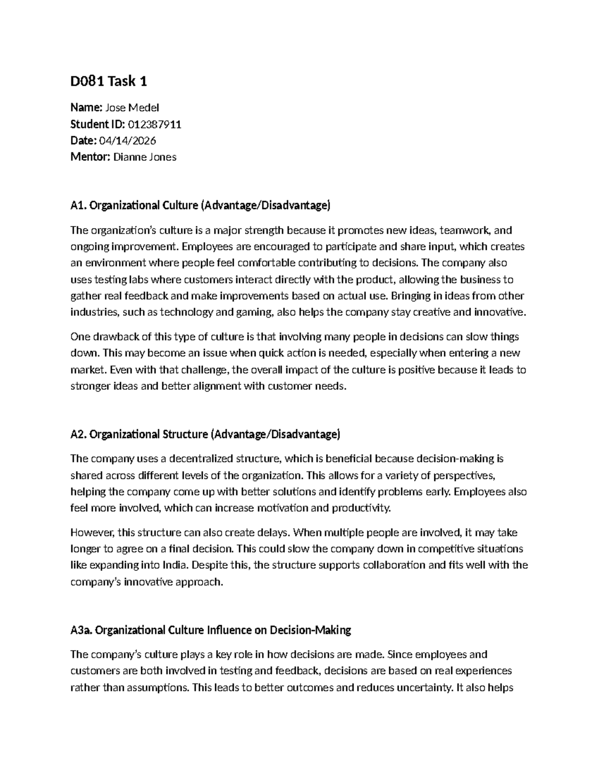 D081 Task 1: Analyzing Organizational Culture & Market Entry Strategy ...