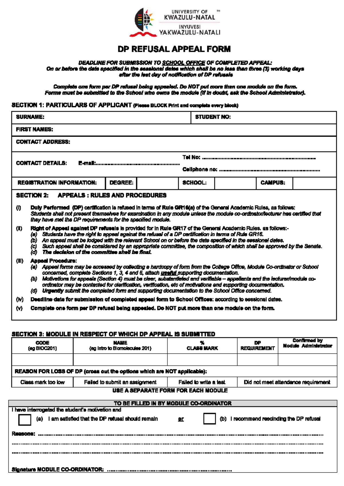 UNIVERSITY OF TM DP REFUSAL APPEAL FORM GUIDELINES - Studocu