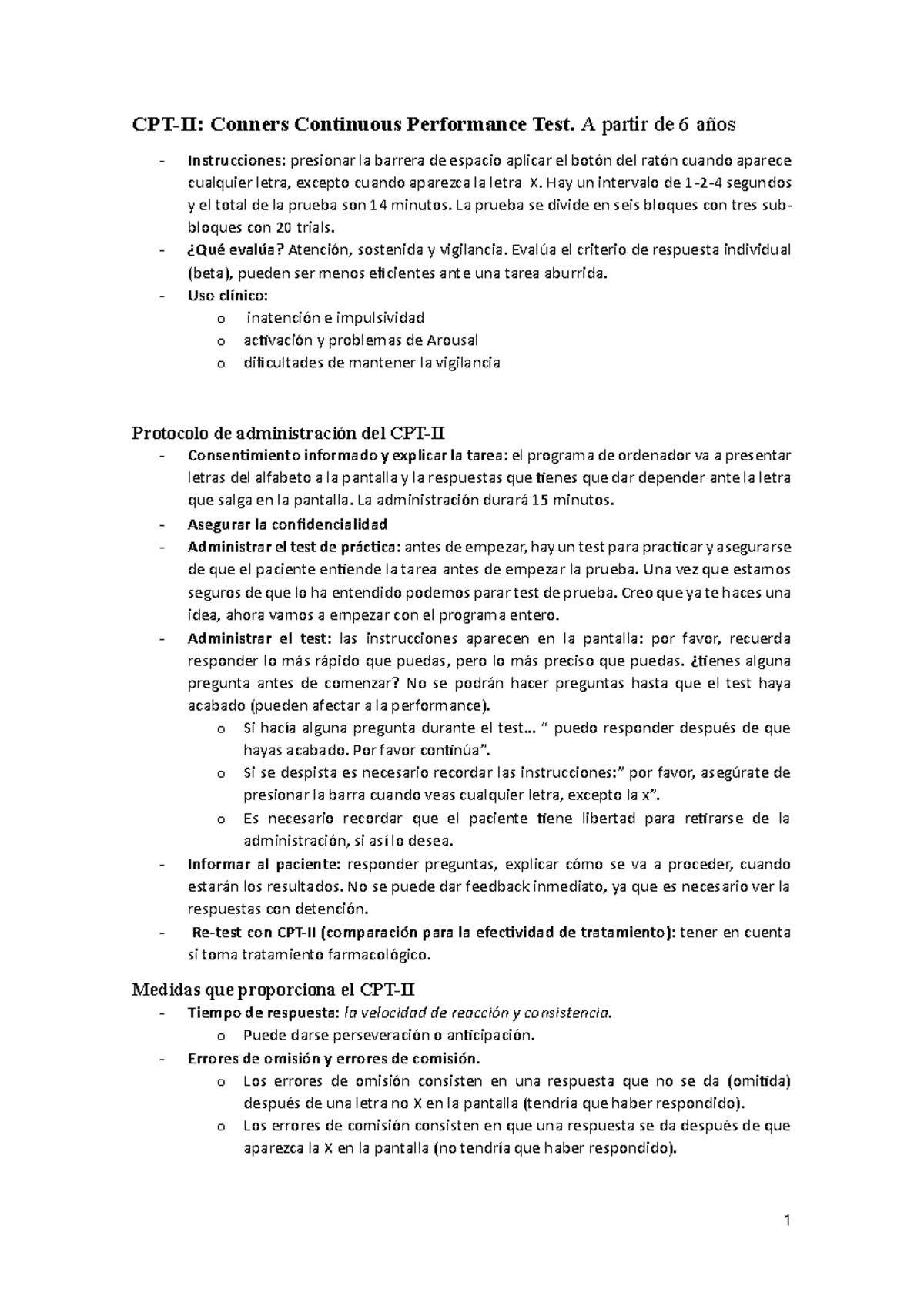 Apuntes del CPT-II: Test de Rendimiento Continuo Conners - Studocu