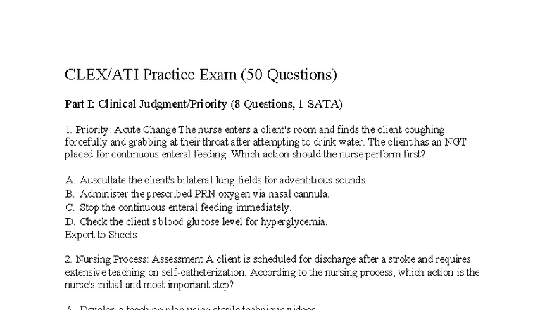 Mock Exam 4: Practice Questions for Clinical Nursing (Part I & II ...