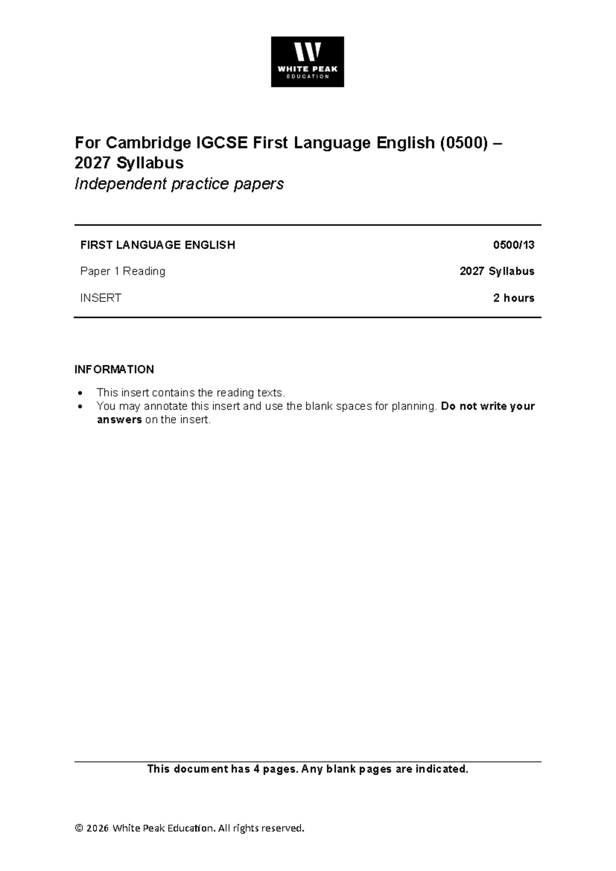 Cambridge IGCSE First Language English (0500) 2027: Sample Insert on Extreme - Document Preview