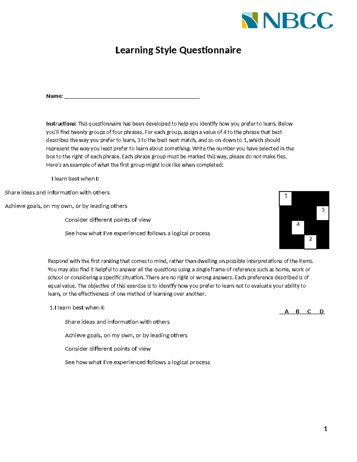 Learning Styles Questionnaire - Learning Style Questionnaire Name ...