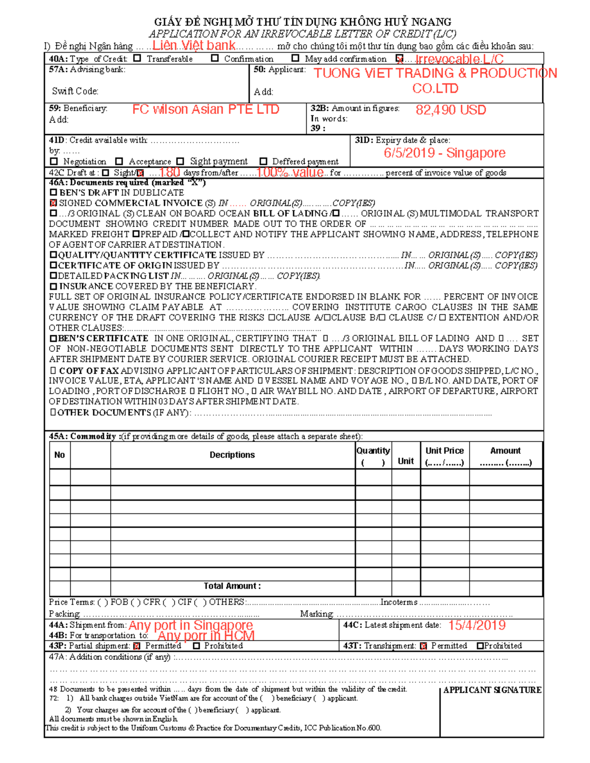 Đề nghị mở LC - LC Application Form - 40A: Type of Credit: Transferable ...