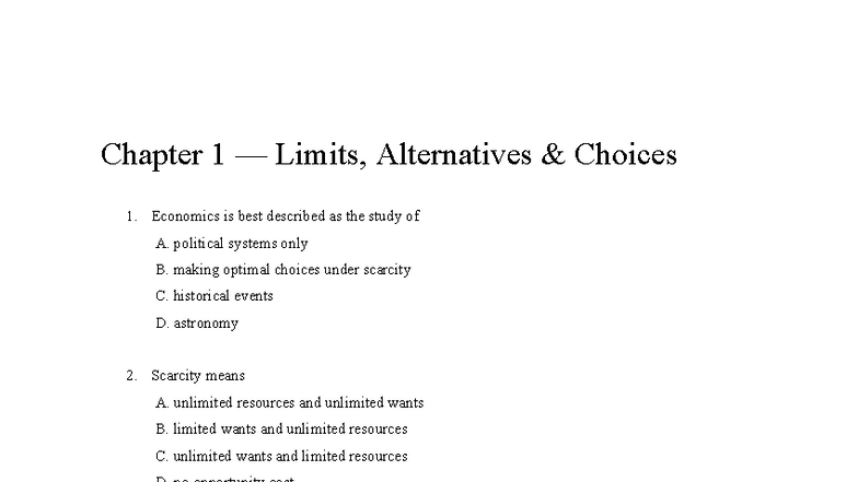 Chapter 1: Limits and Choices in Economics - MCQ Study Guide (ECO101 ...