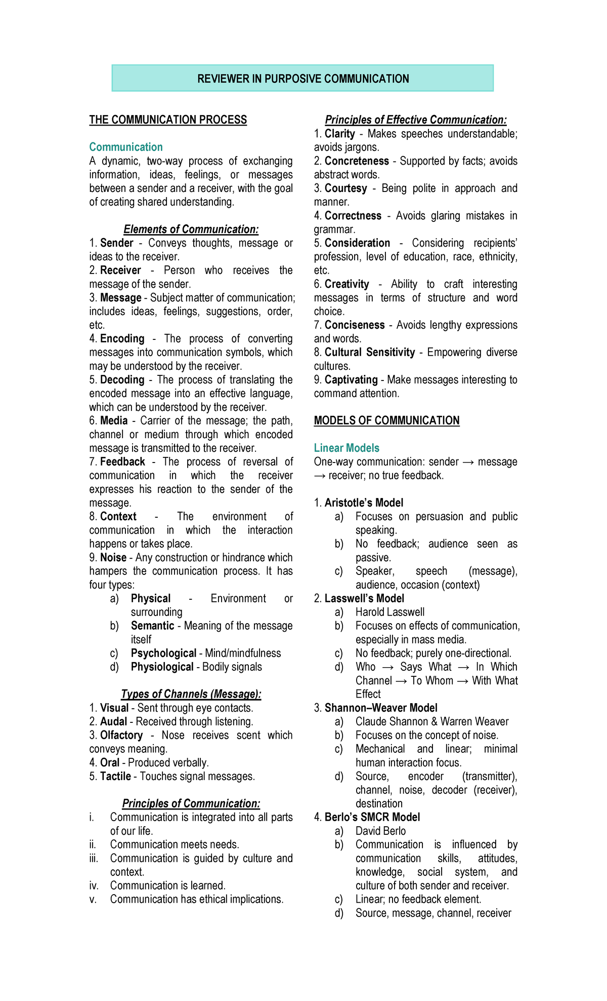REVIEWER IN PURPOSIVE COMMUNICATION: THE COMMUNICATION PROCESS - Studocu