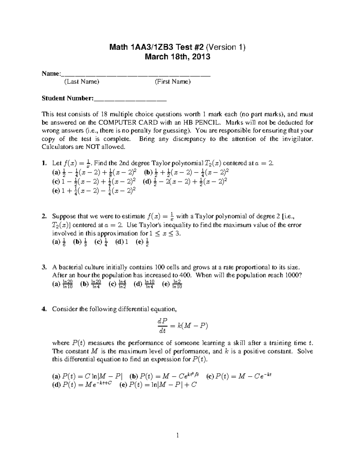 Test 2 2013 Solutions - Math 1AA3/1ZB3 Test #2 (Version 1) March 18th ...