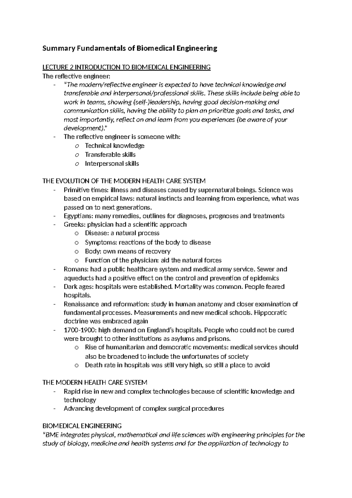 Summary of Fundamentals in Biomedical Engineering (BME 101) - Studeersnel