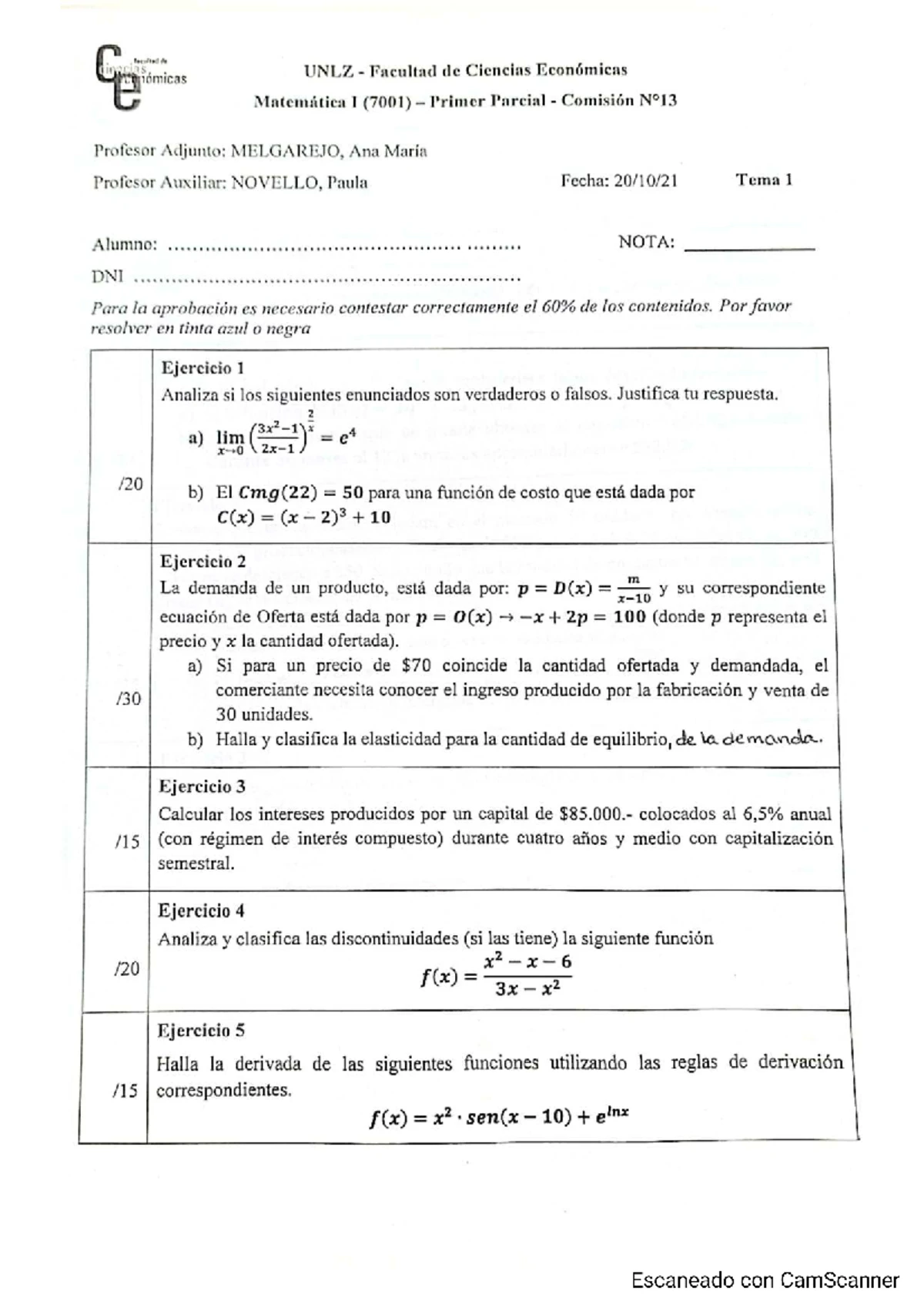 Matemática I (7001) Primer Parcial - Ejercicios y Análisis de Funciones ...