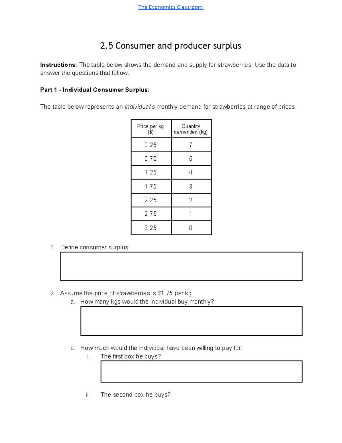 2.5 Consumer and Producer Surplus Exercise in Economics Classroom - Studocu