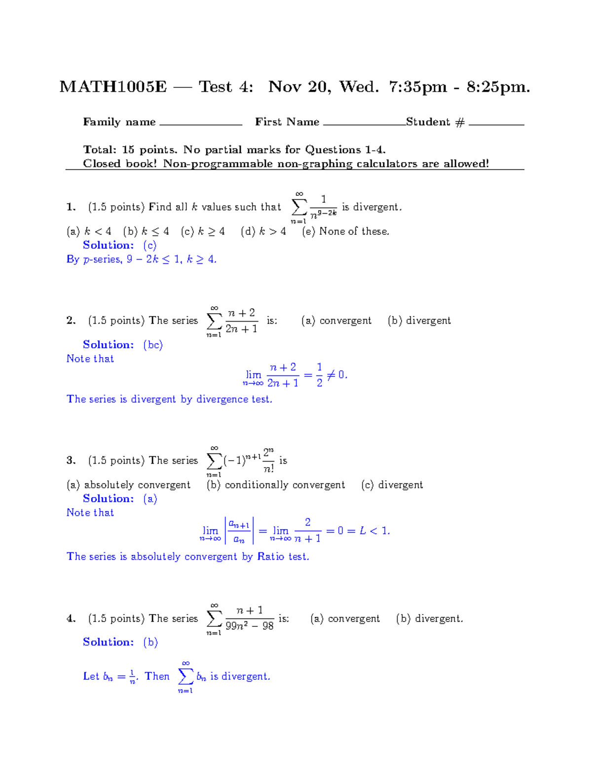 MATH1005E Test 4 Solutions - Series Convergence and Divergence - Studocu