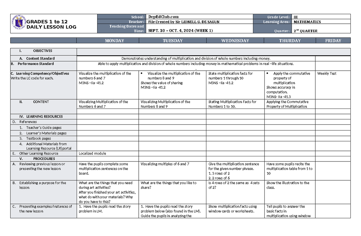 DLL Mathematics 3 Q2 W1 - dll - GRADES 1 to 12 DAILY LESSON LOG School ...
