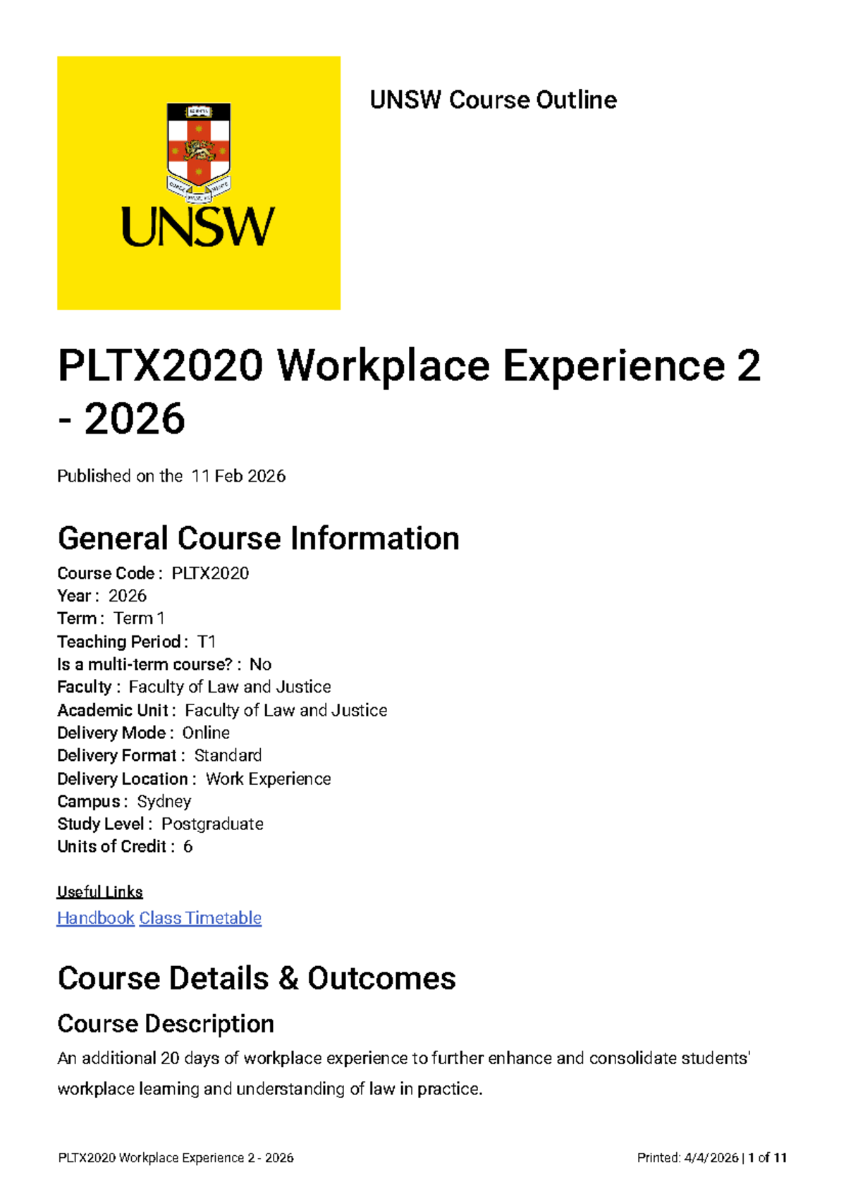 PLTX2020 Workplace Experience 2 Course Outline 2026 Term 1 - Studocu