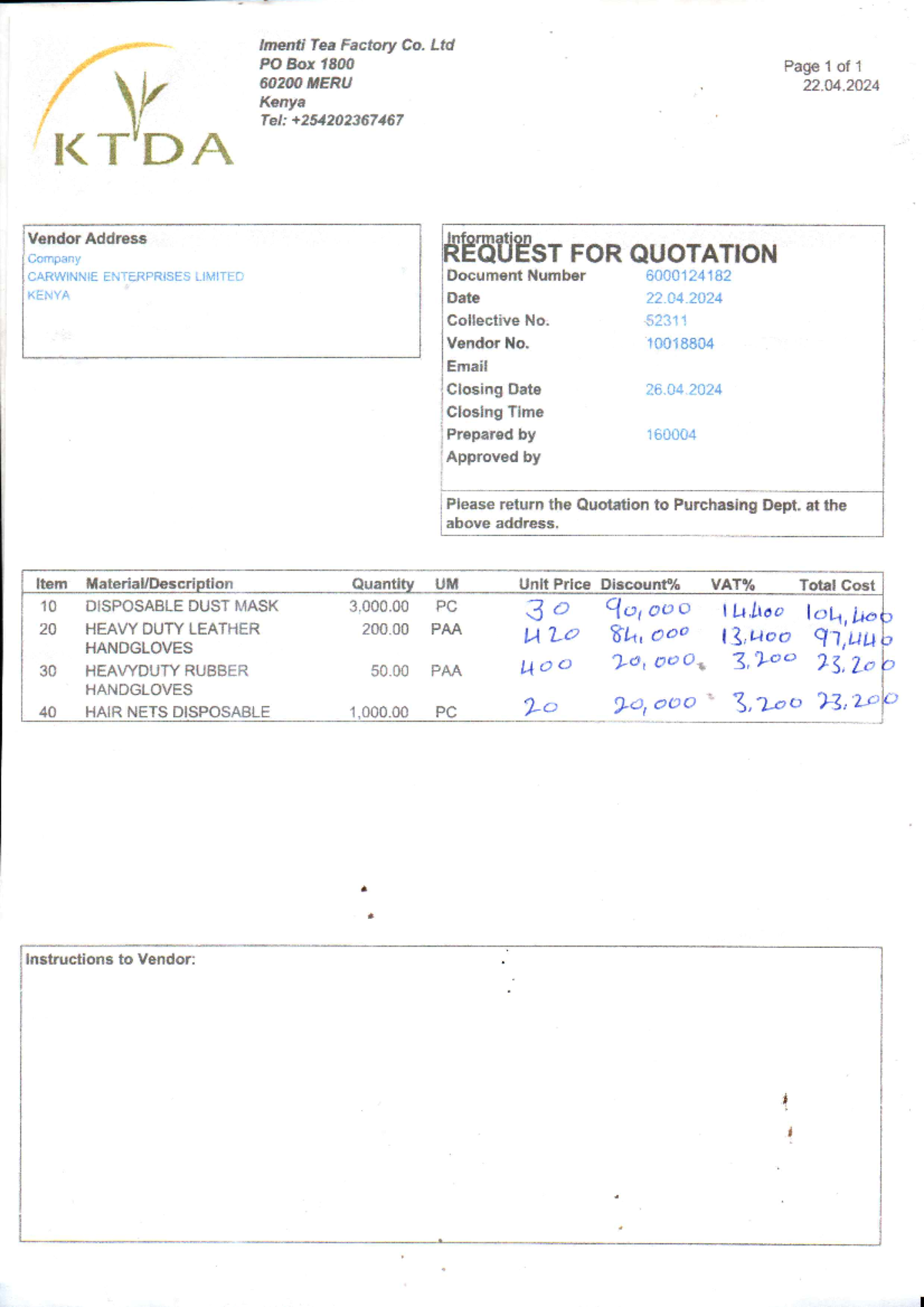 KTDA Request for Quotation - Imenti Tea Factory Supplies - Studocu