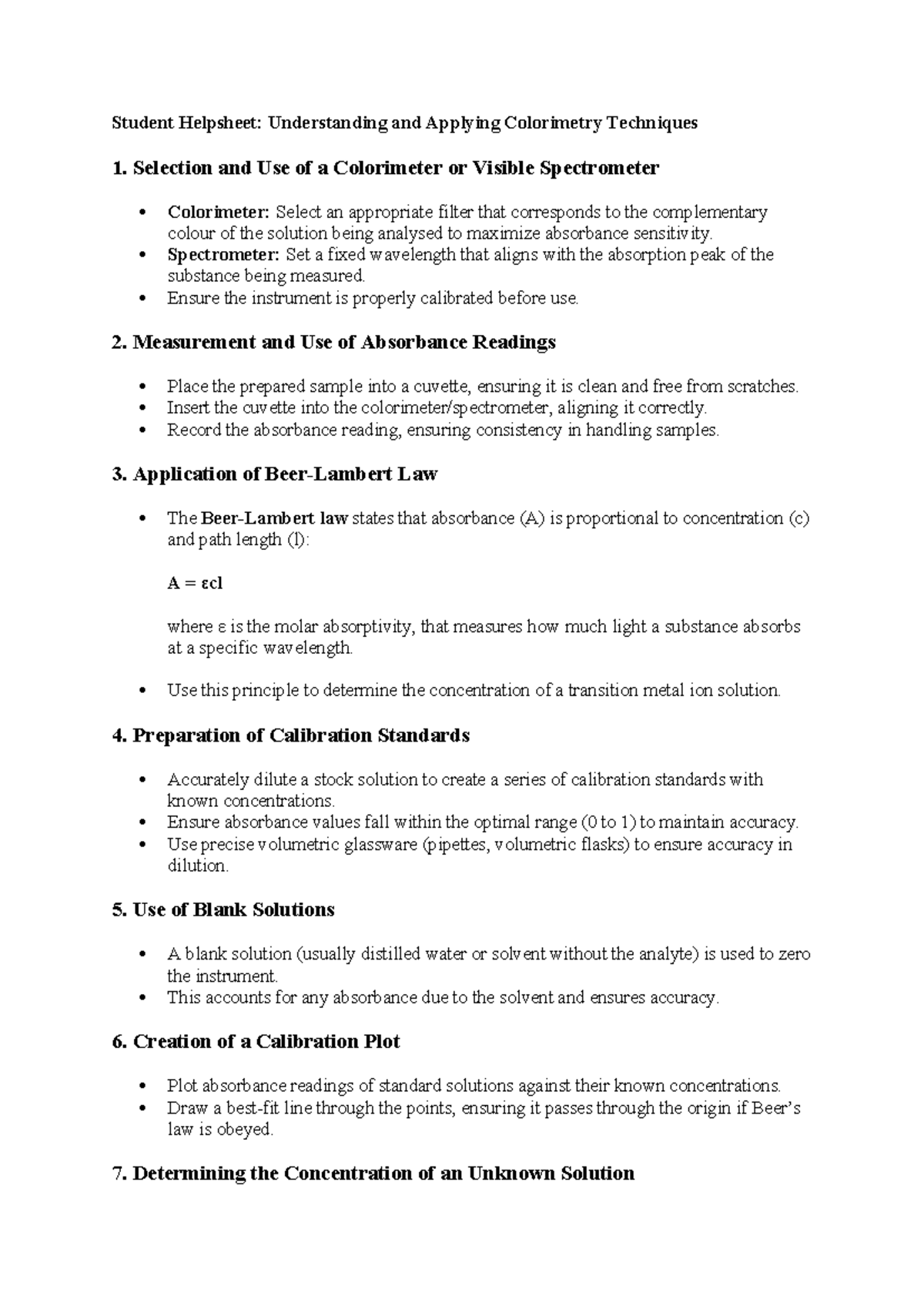 Colorimetry Techniques Helpsheet: Essential Guide for Students - Studocu