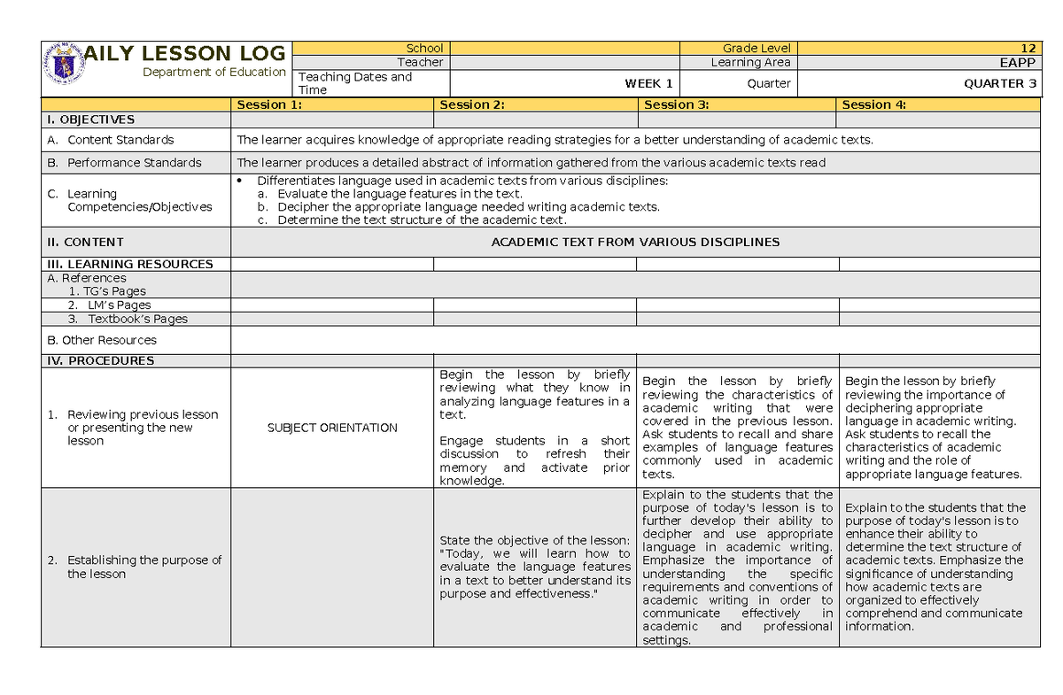 EAPP Quarter 3 Week 1 Daily Lesson Log: Analyzing Academic Texts - Studocu