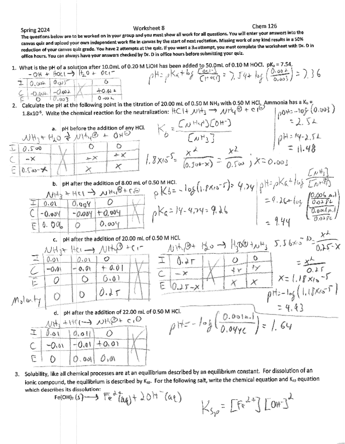 Chem 126 Worksheet 8 KEY S24 - Spring 2024 Worksheet 8 Chem 126 The ...