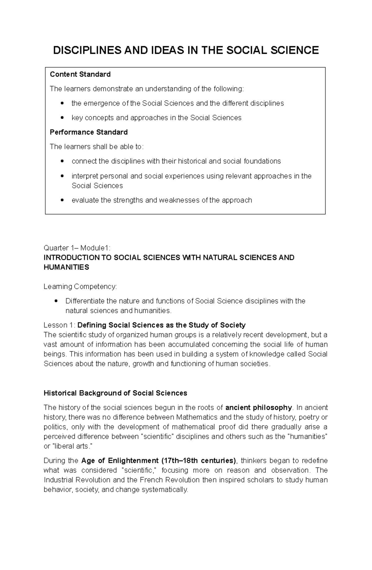 Module 1: Introduction to Social Sciences and Their Disciplines - Studocu