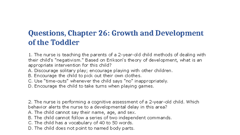 CH 26: Practice Questions on Toddler Growth & Development - Studocu