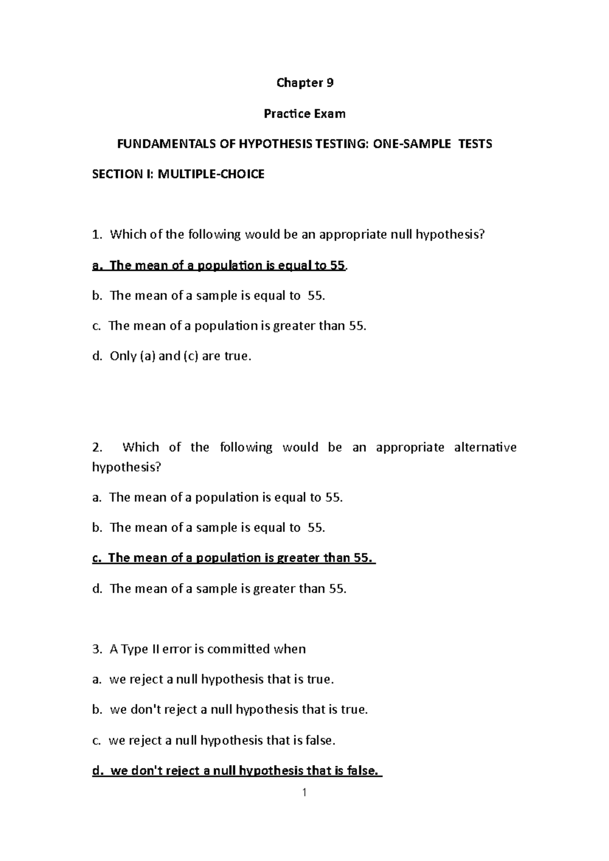 Practice Exam Solutions for Chapter 9: Hypothesis Testing Concepts ...