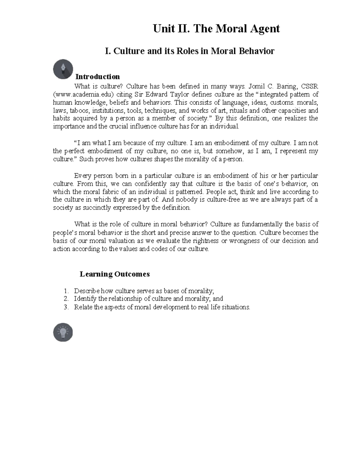 Unit II: Culture's Role in Moral Behavior - Ethics Overview - Studocu
