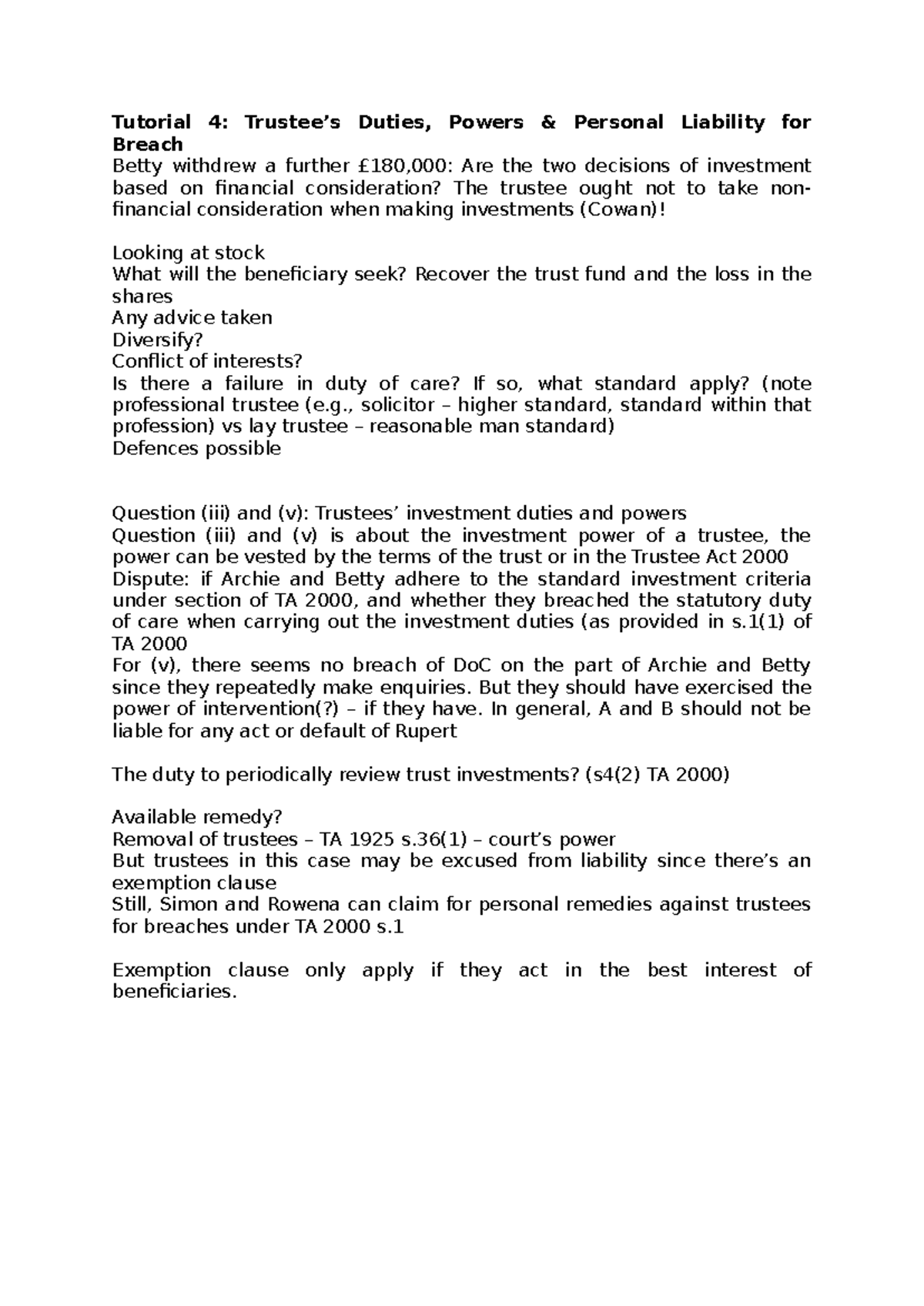 Tutorial 4: Summary of Trustee Duties & Investment Powers in Equity ...