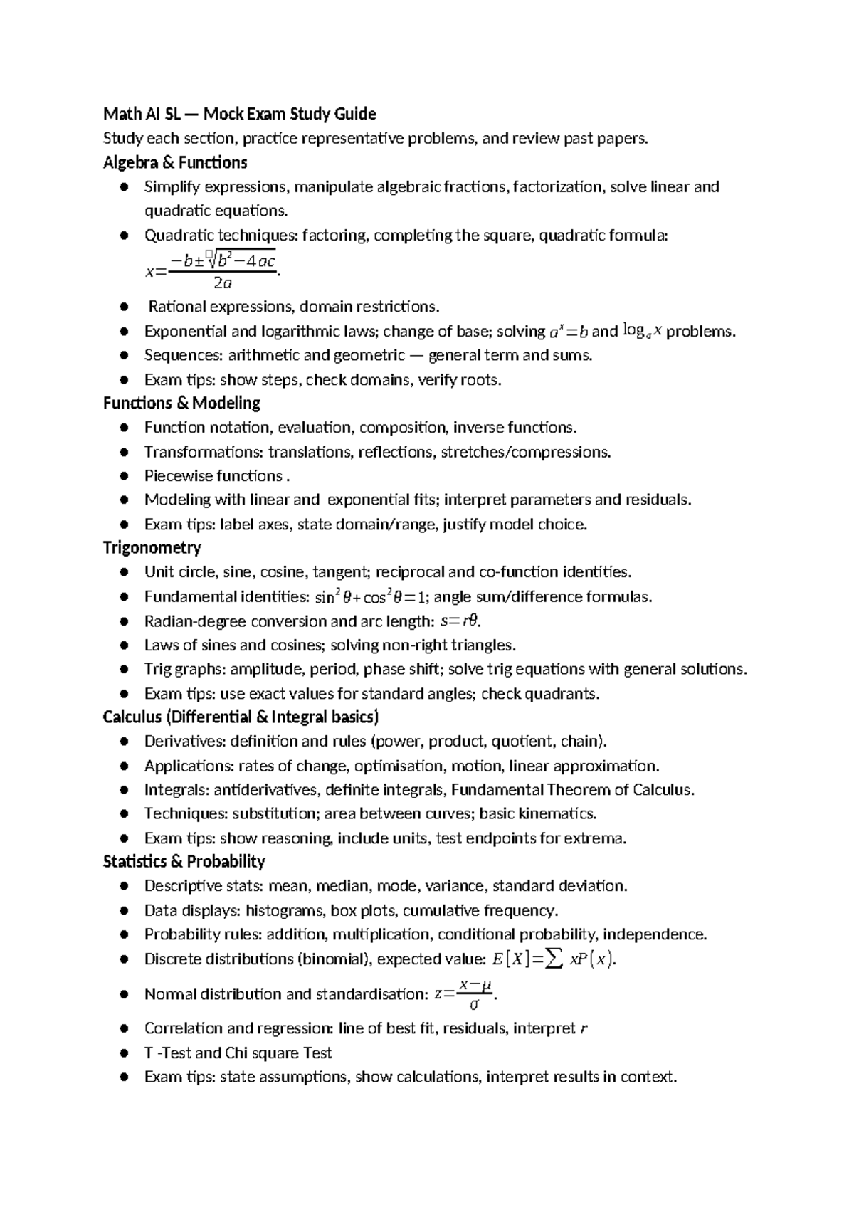 Math AI SL Mock Exam Study Guide: Key Concepts & Tips - Studocu