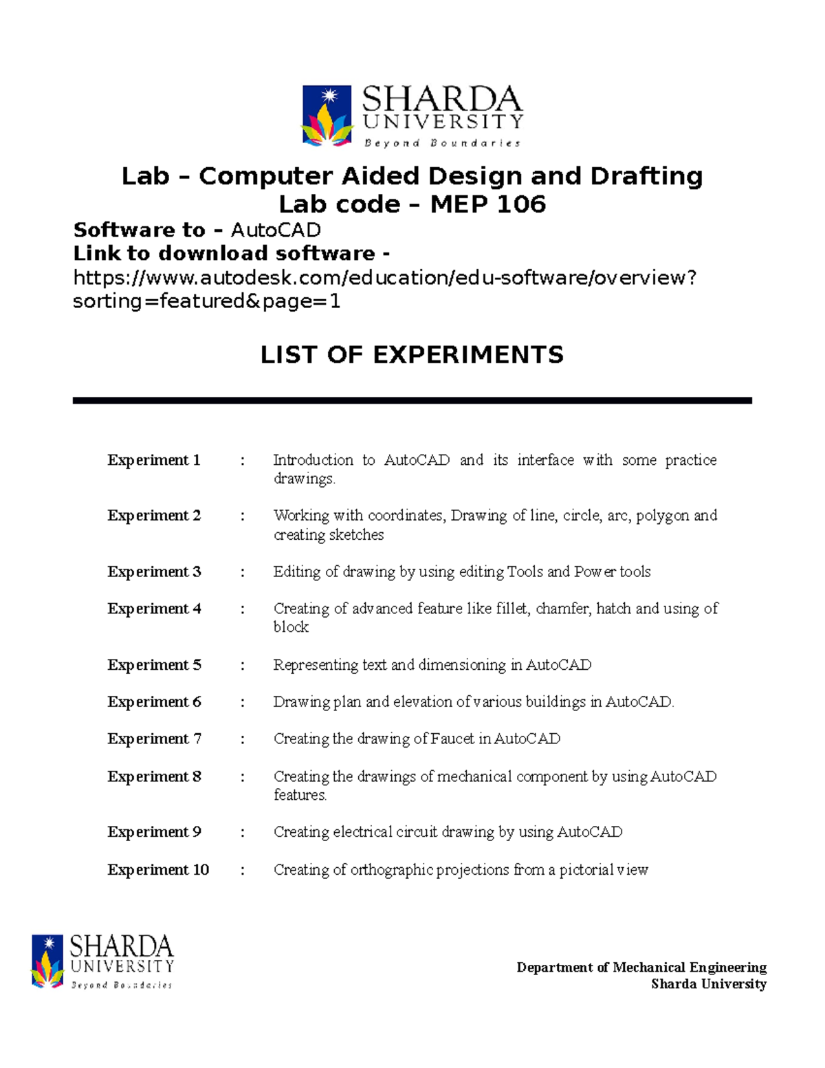 Lab Manual MEP 106: List of Experiments for AutoCAD Training - Studocu