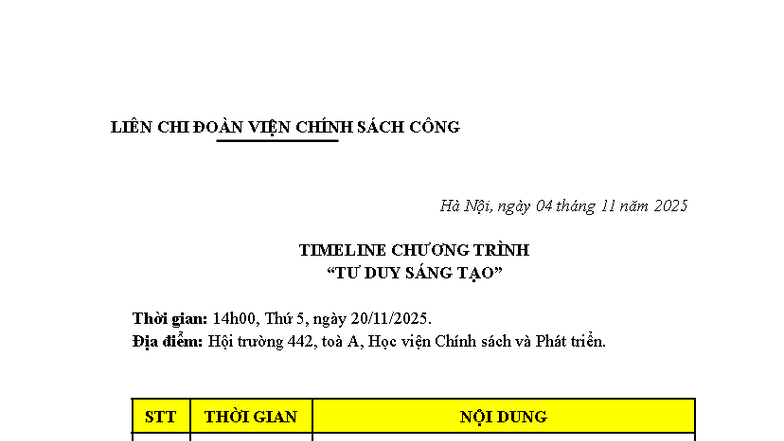 CSC-Timeline Chương Trình Duy Sáng - Học viện Chính sách 2025 - Studocu
