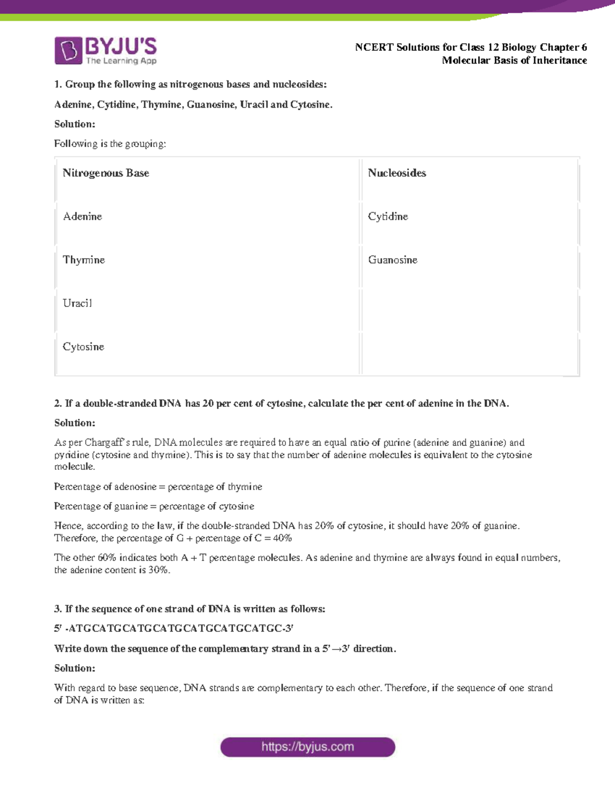NCERT Solutions for Class 12 Biology: Chapter 6 - Molecular Basis of ...