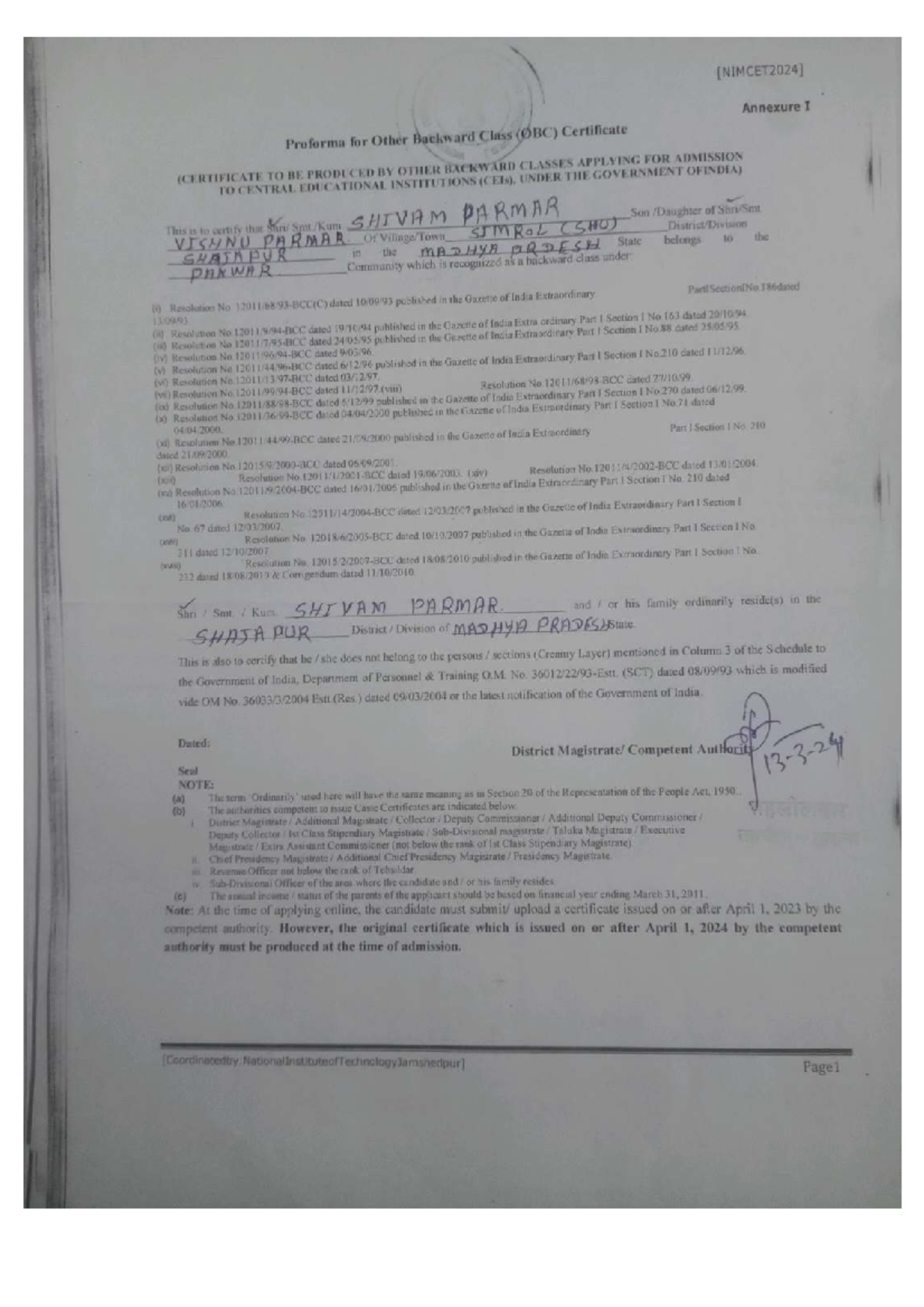 OBC Certificate Proforma for Admission to CEIs in India - Studocu