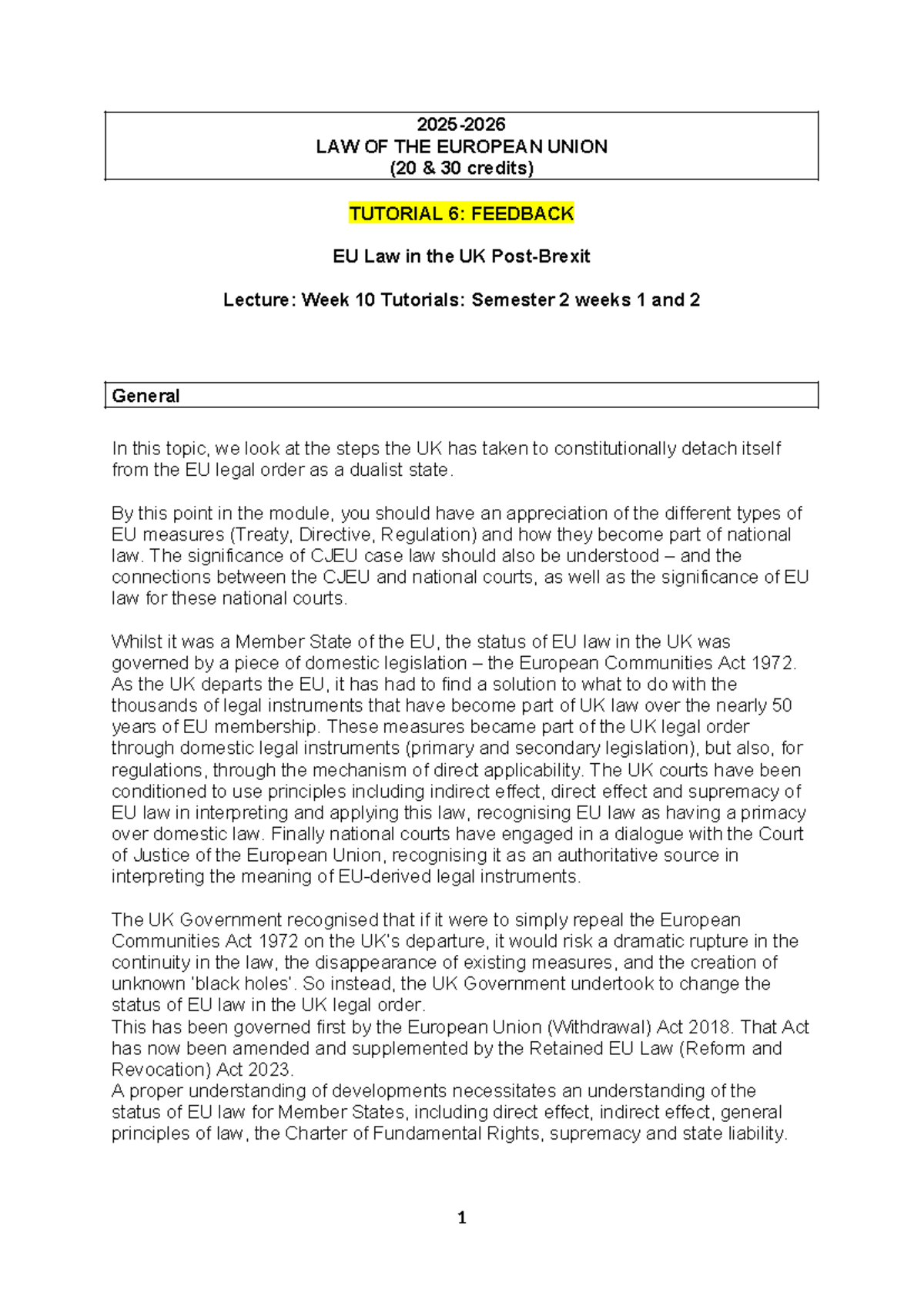 LAW OF THE EUROPEAN UNION (20 30 credits) TUTORIAL 6: POST-BREXIT EU ...