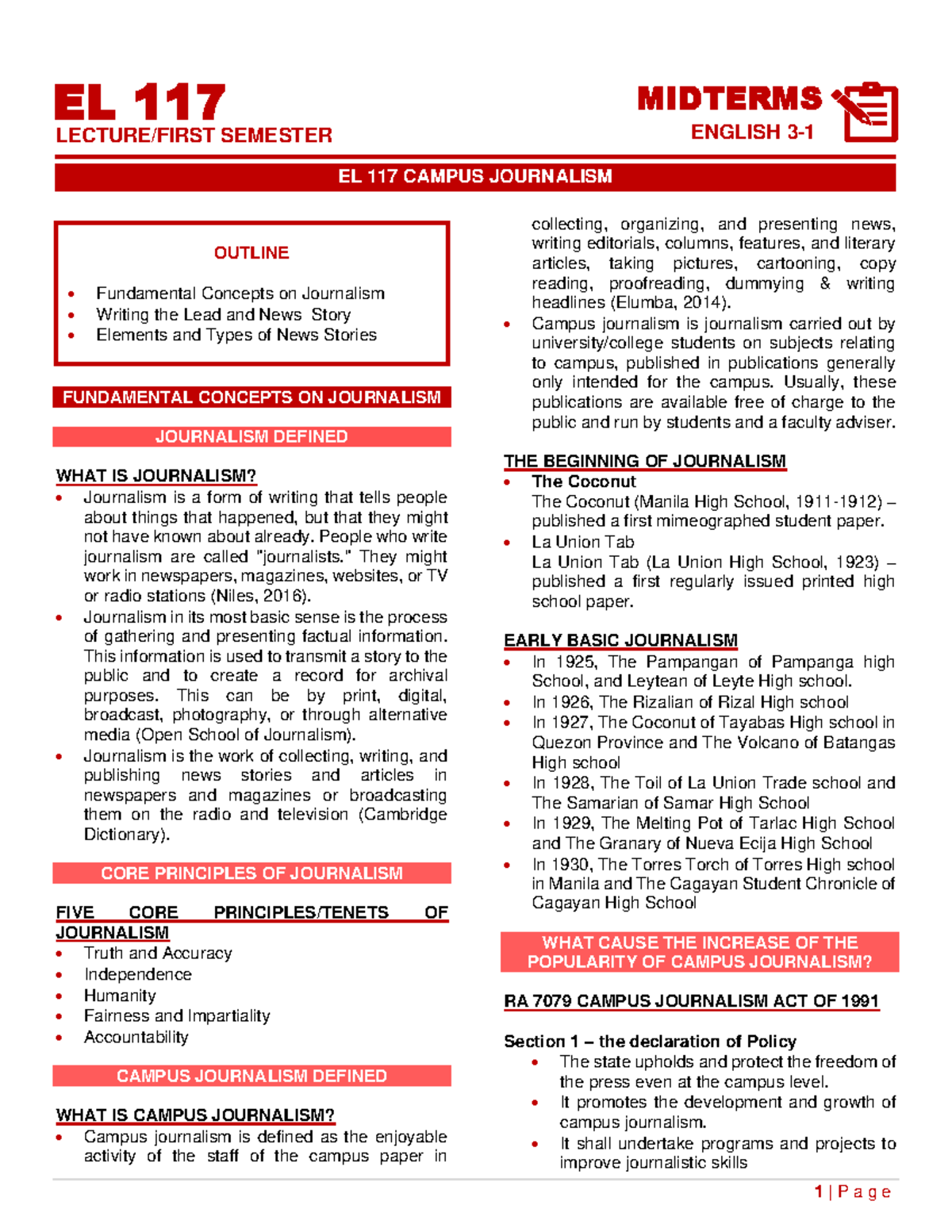 EL 117 Midterm Review: Key Concepts in Journalism and Campus Reporting ...