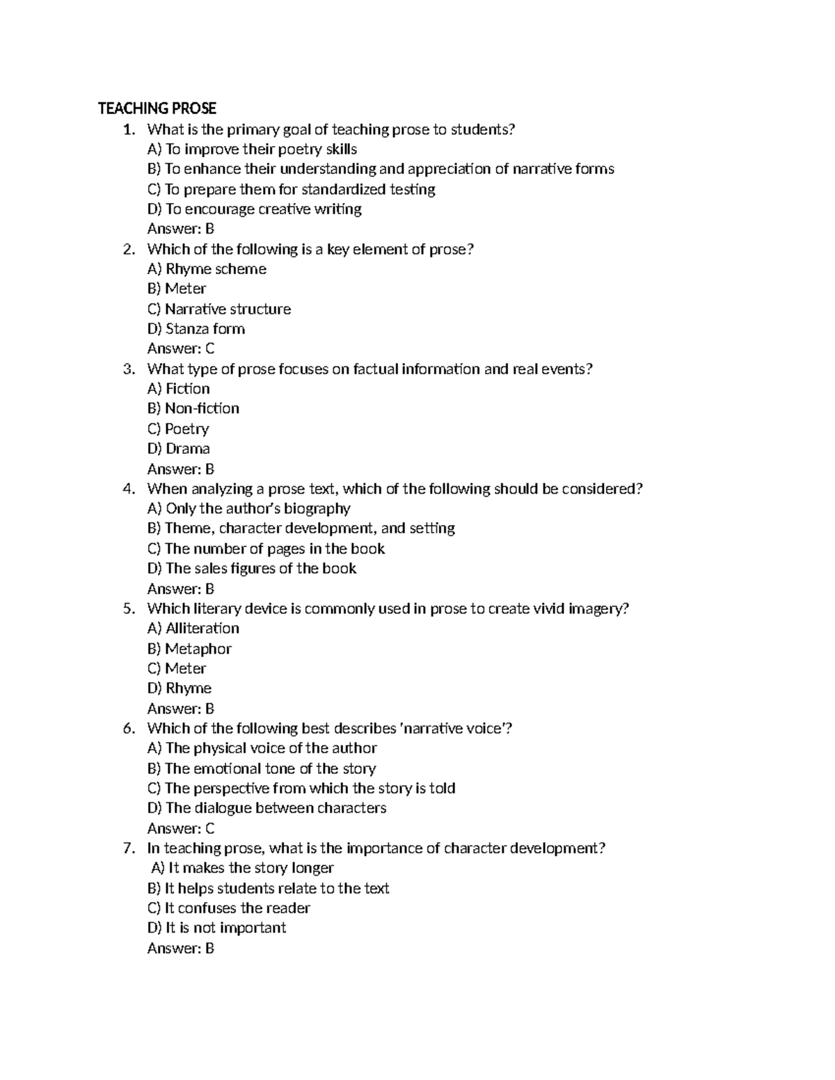 IV Multiple Choice Questions on Teaching Prose and Dramatic Prose ...