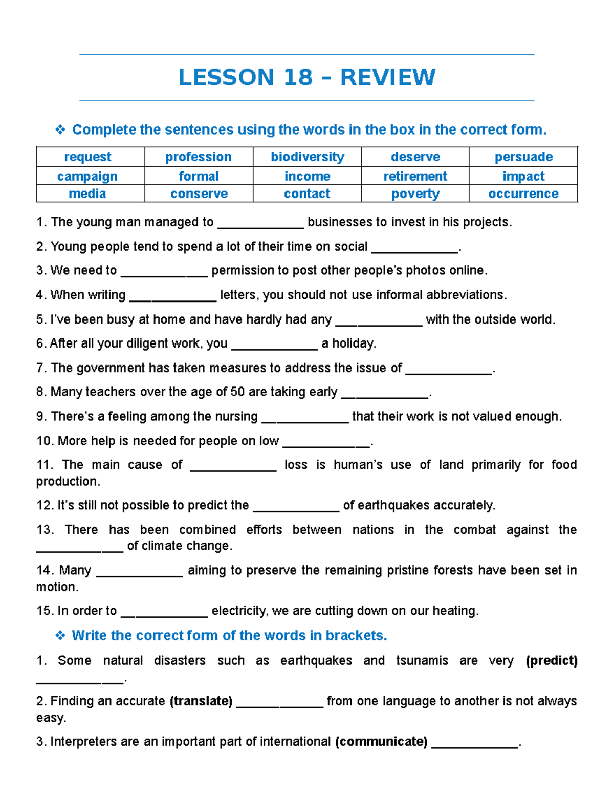 LESSON 18 REVIEW: Vocabulary and Sentence Completion Exercises - Studocu
