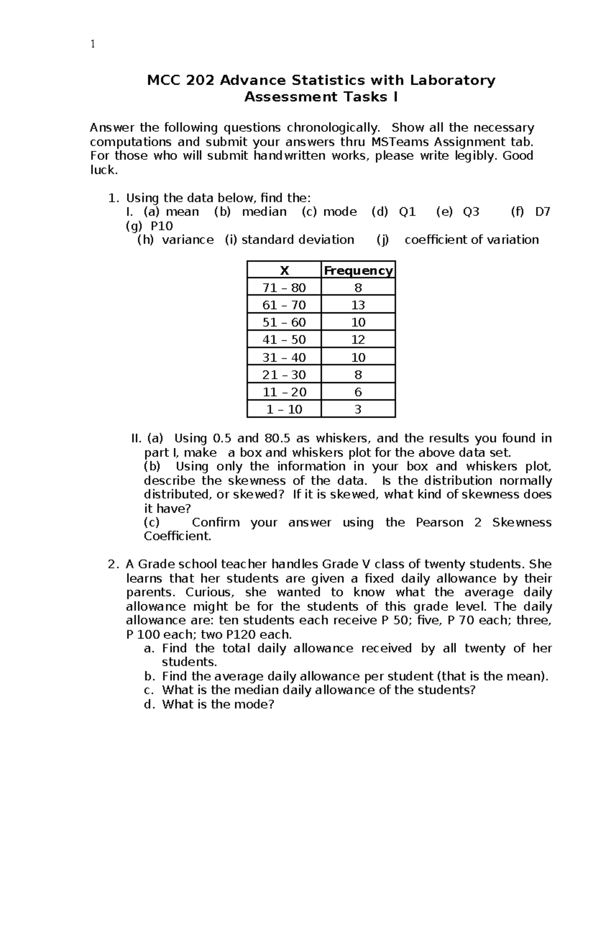 MCC 202 Advanced Statistics Assessment Tasks I Guide - Studocu