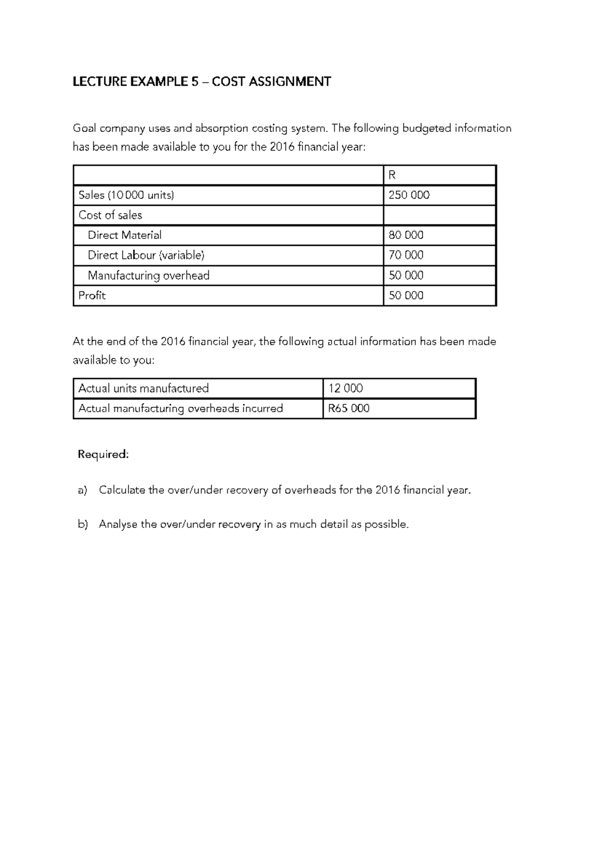 LECTURE EXAMPLE 5: COST ASSIGNMENT & OVERHEAD RECOVERY ANALYSIS - Studocu