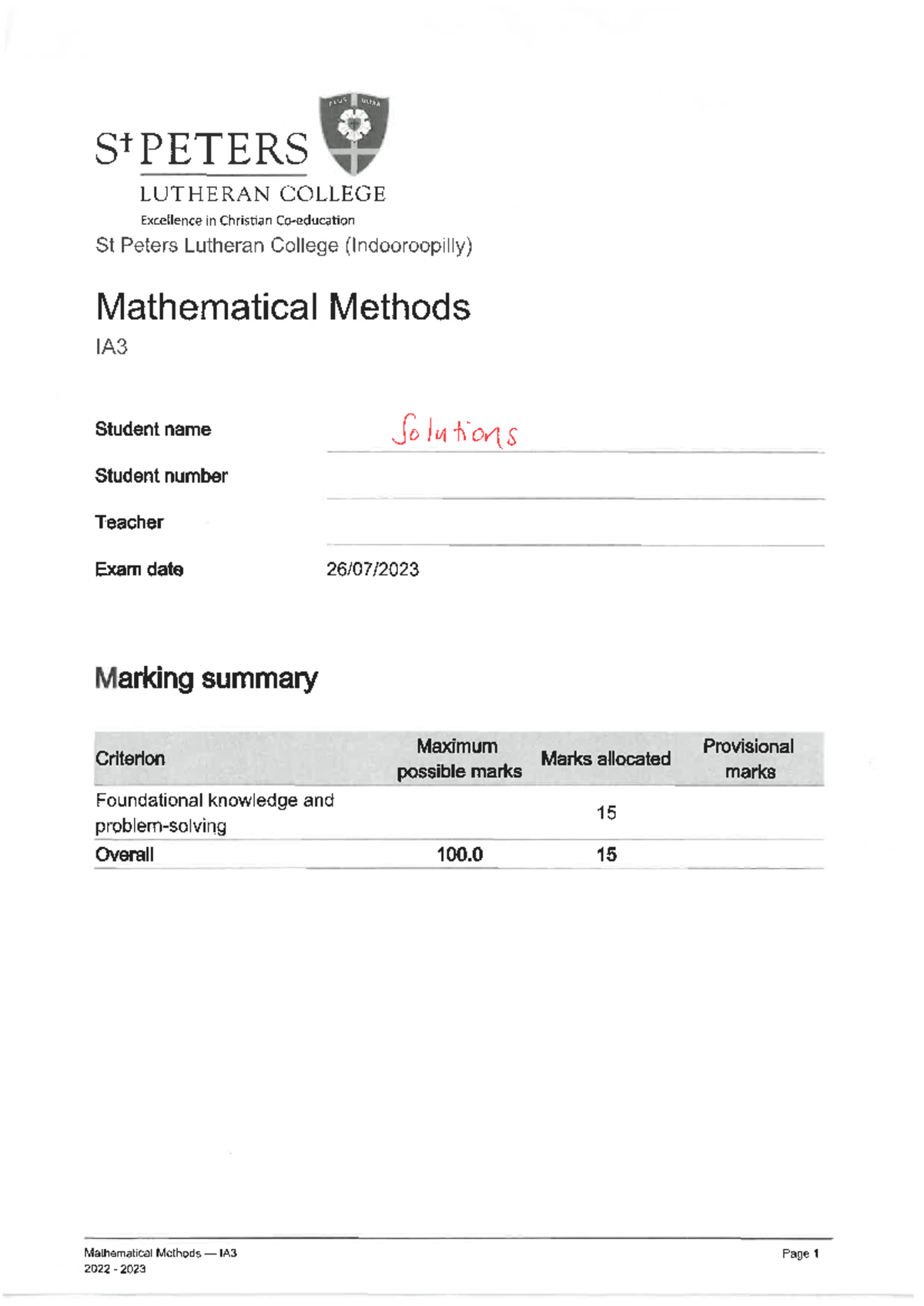 Mathematical Methods IA3 2023 Exam Solutions - St Peters Lutheran ...