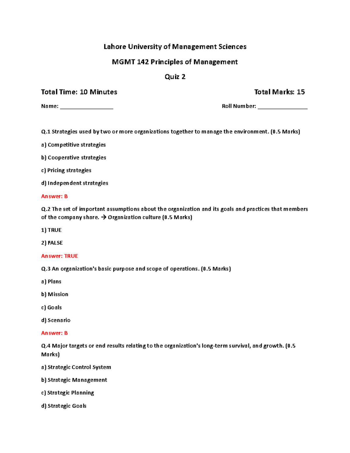 MGMT 142 Quiz 2 Key: Practice Answers & Solutions - Studocu