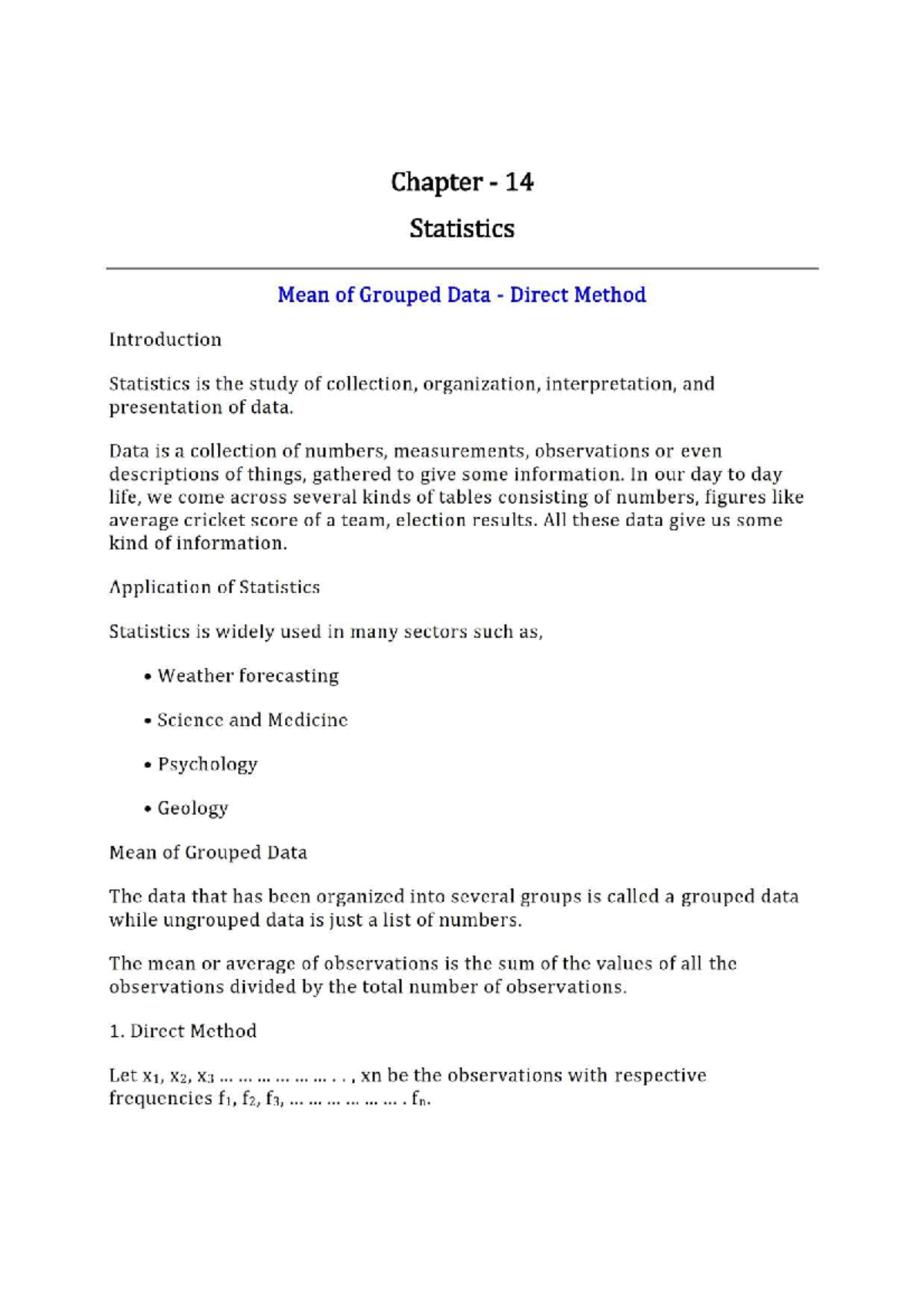 Chapter 14: Statistics - Mean of Grouped Data via Direct Method - Studocu
