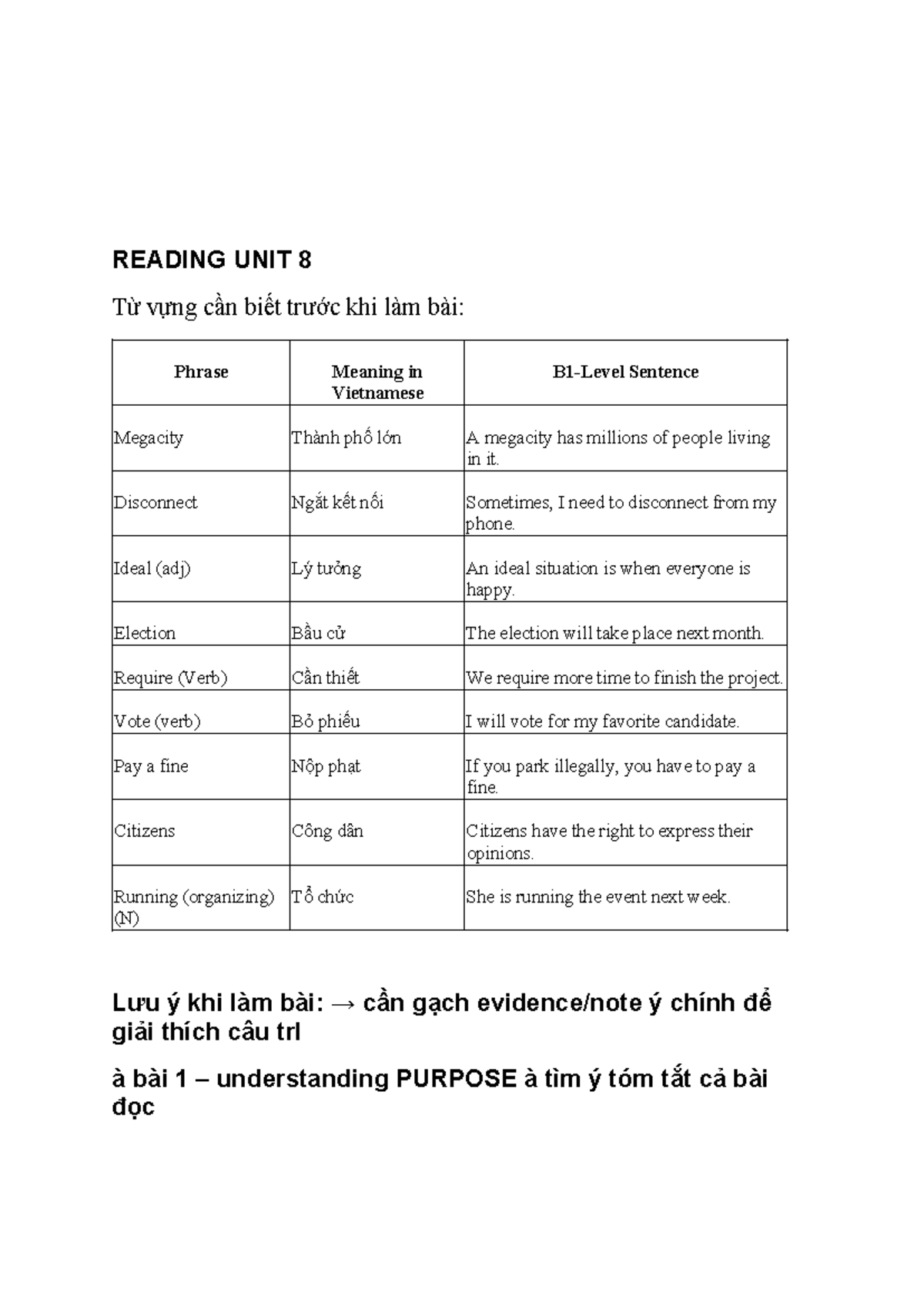 B1 Vocabulary for Reading Unit 8 Preparation - Studocu